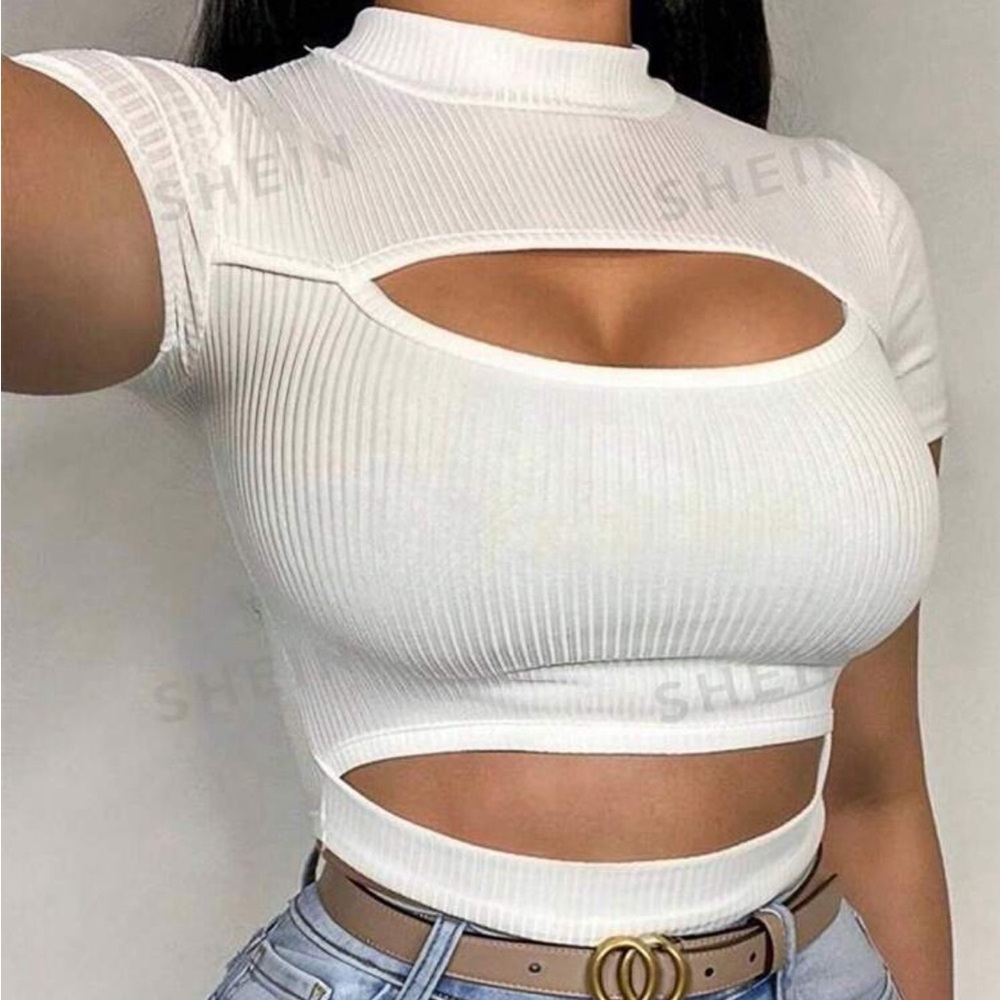 SHEIN SXY Hollow Out Slim Fit Stand Collar Short Sleeve T-Shirt Size M